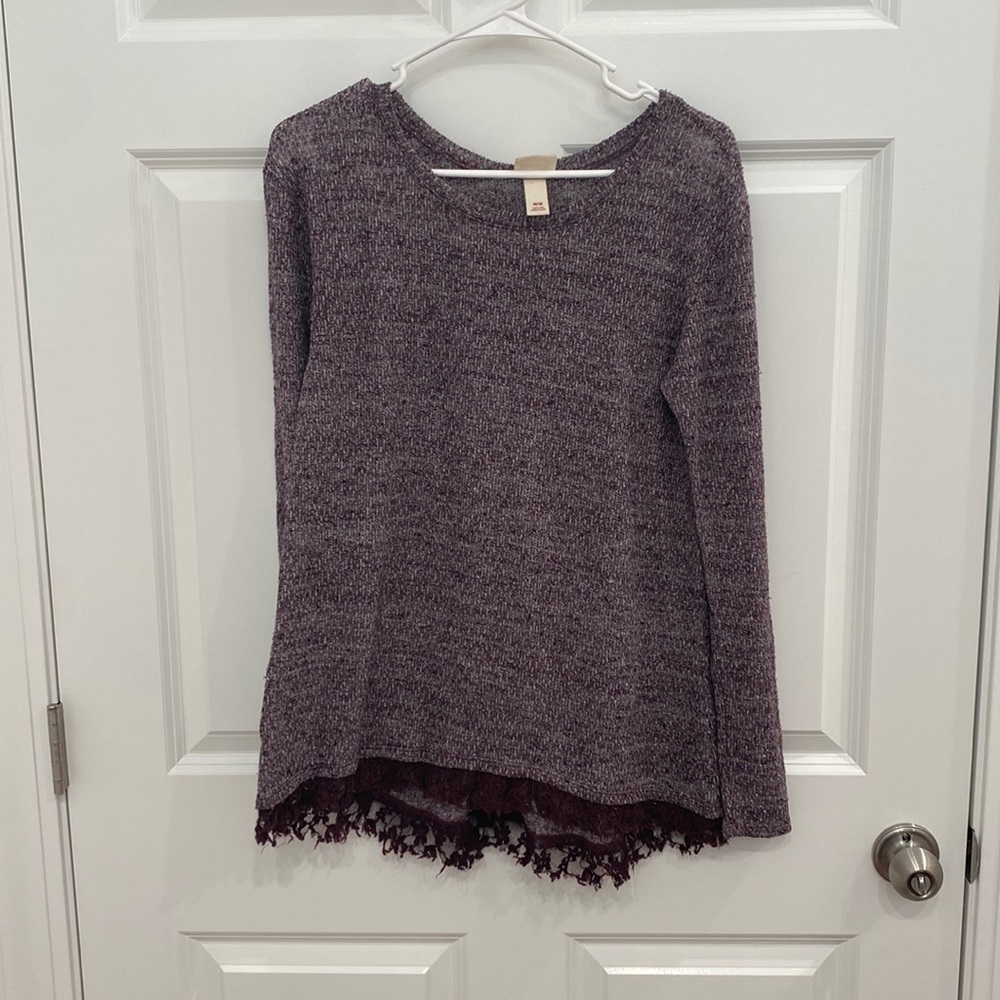 Dark purple lightweight sweater with lace trim. Size medium.